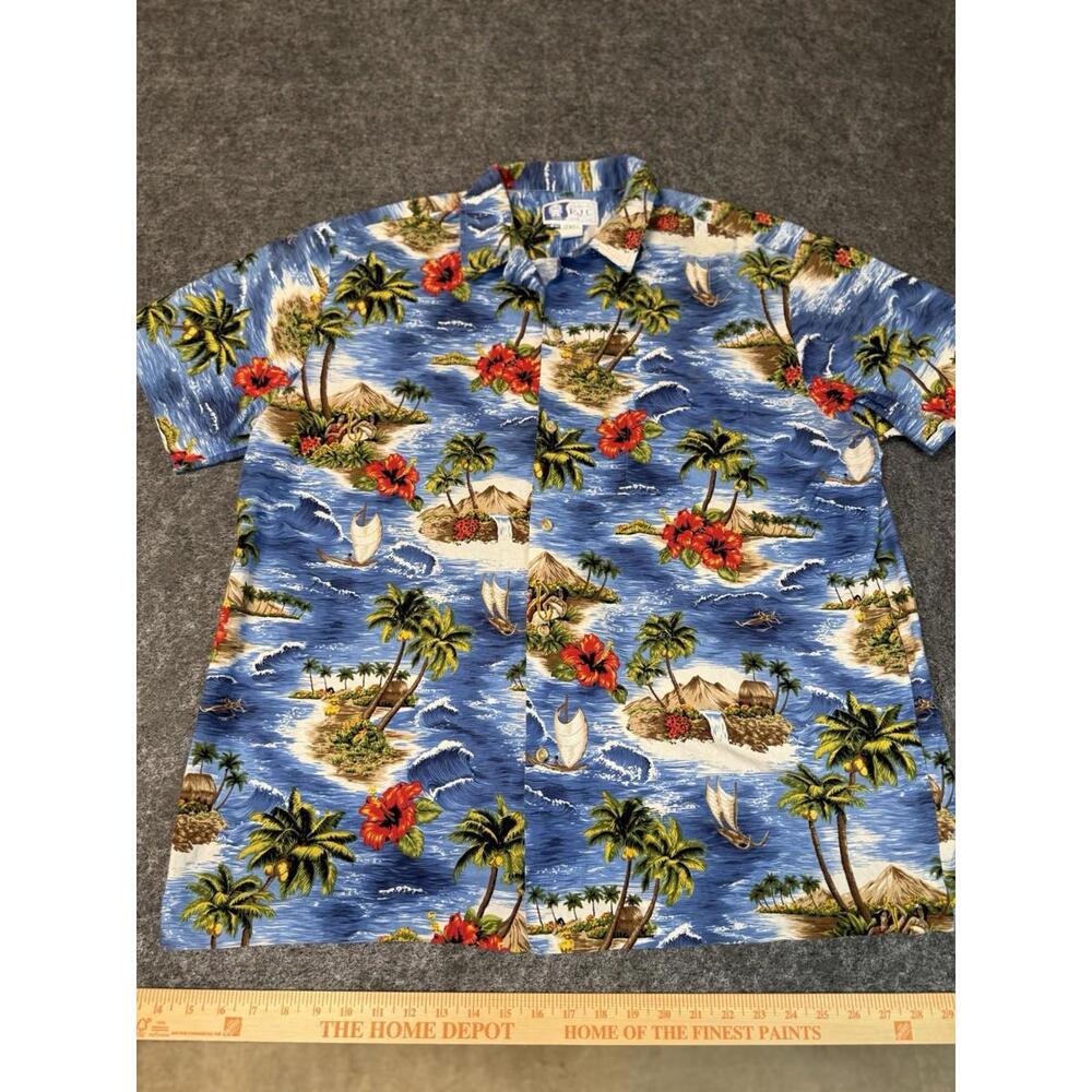 Vintage Rjc Hawaiian Shirt Mens 2XL XXL Blue Tropical Floral Native Volcano 90s